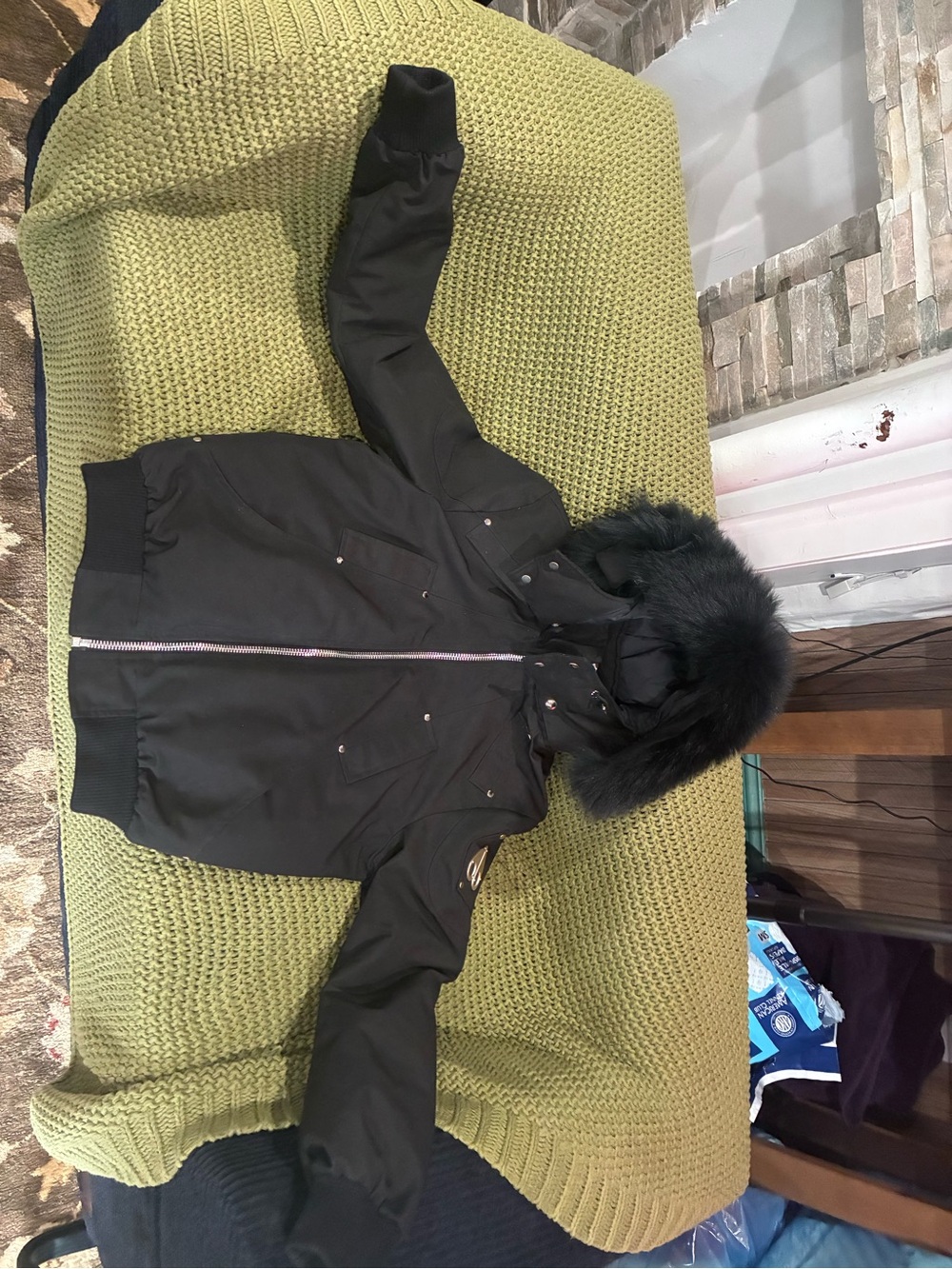 Moose Knuckles Black Fur-Trim Hooded Puffer Jacket